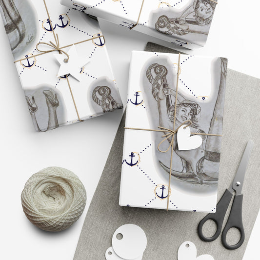 Vintage Sailor Girl Artwork Gift Wrap Paper — Nautical Retro Wrapping Sheets